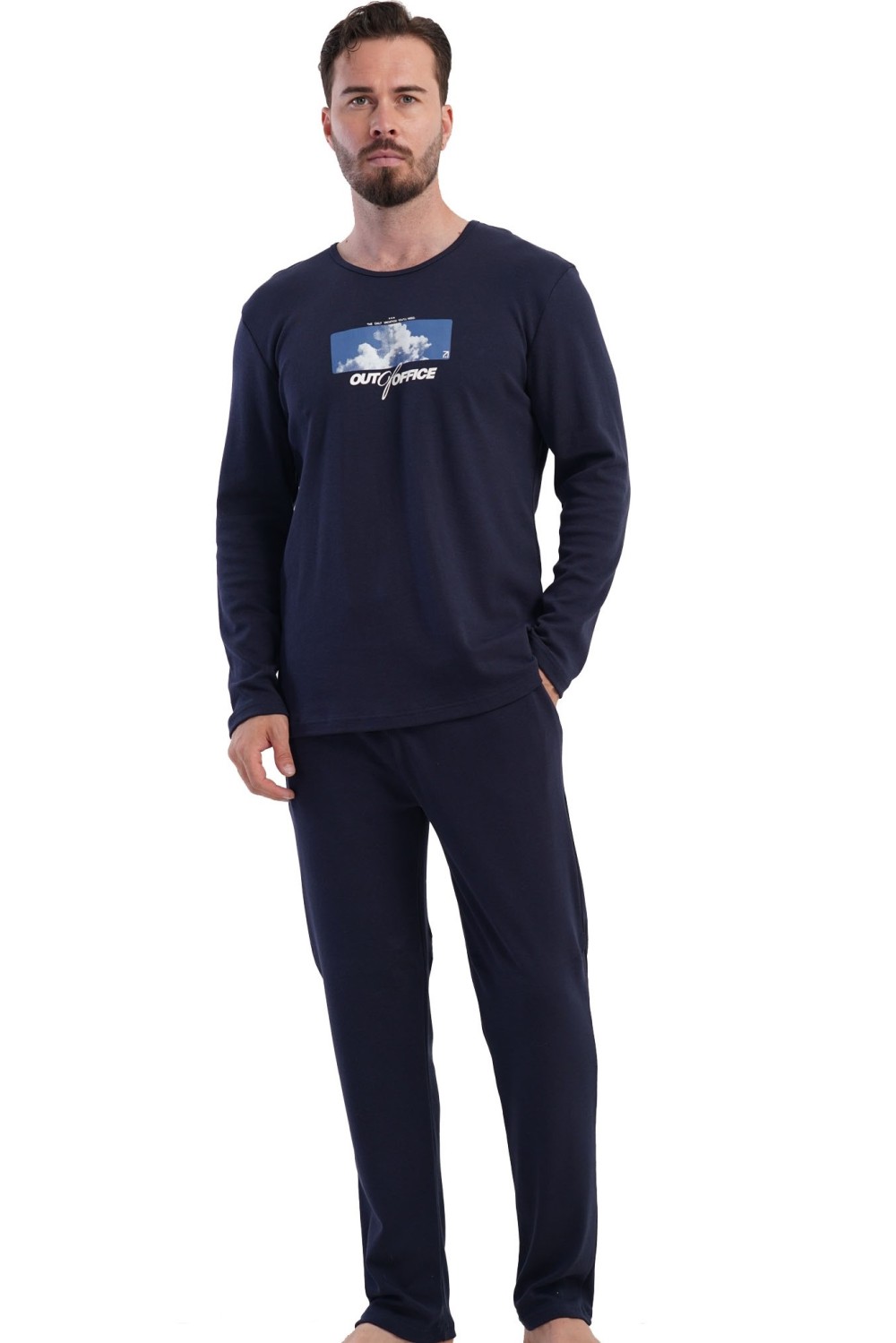Pánské pyžamo OUT OF OFFICE tmavě modré z teplé bavlny
