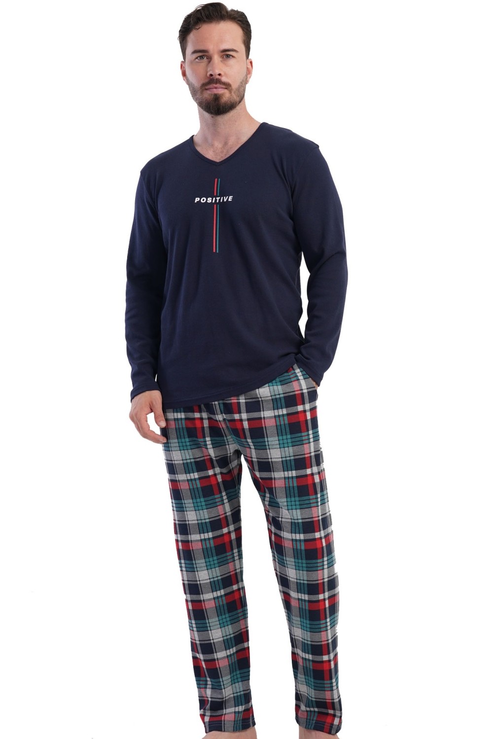 Pánské pyžamo POSITIVE tmavě modré se vzorem kříže z teplé bavlny