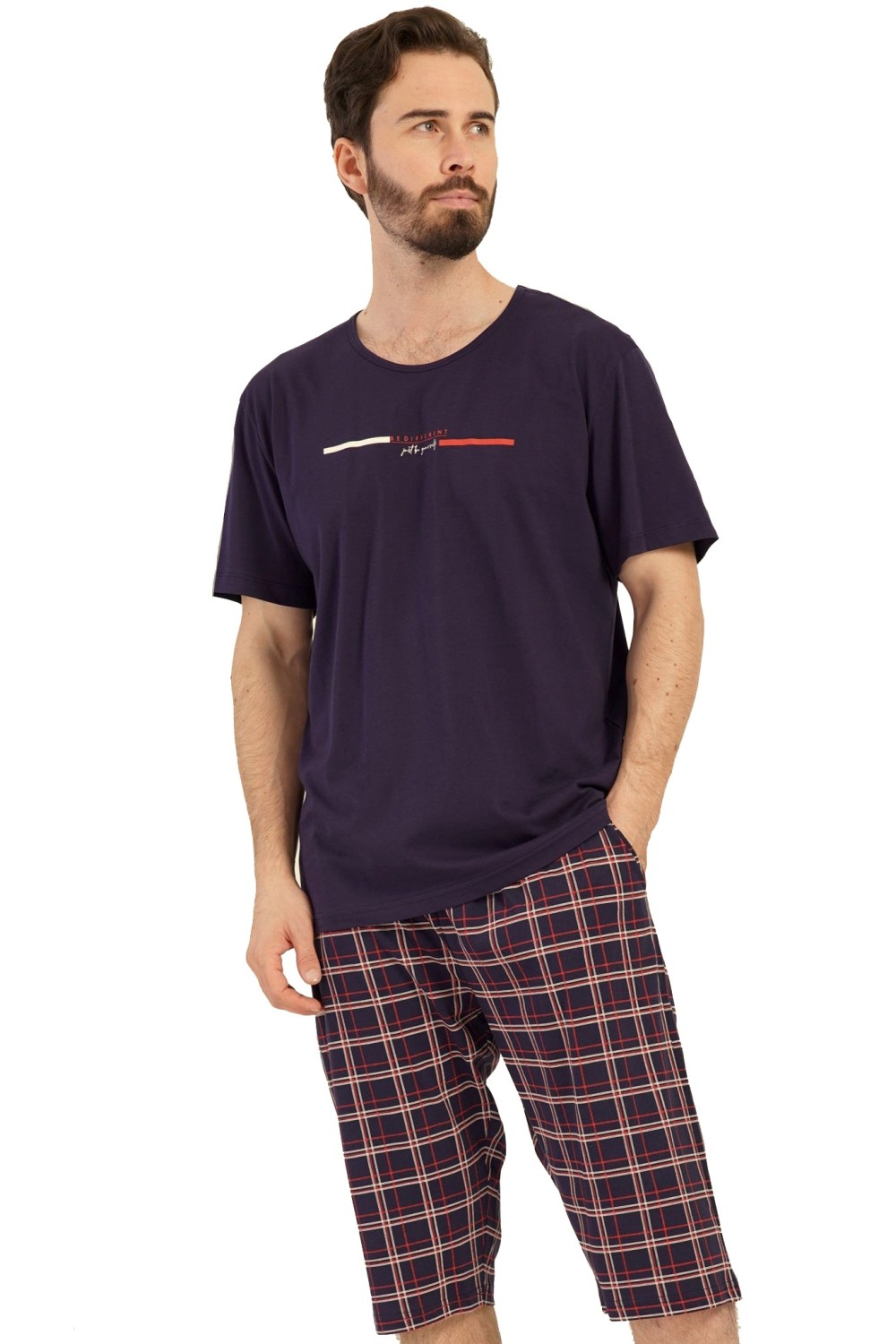 Pánské bavlněné pyžamo krátký rukáv modré káro 1XL,2XL,3XL,4XL