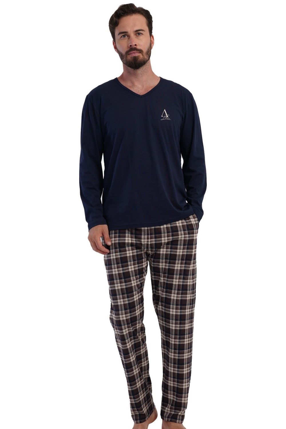 Pánské pyžamo s nápisem Odvážný, modré s hnědošedým kárem 1XL–4XL