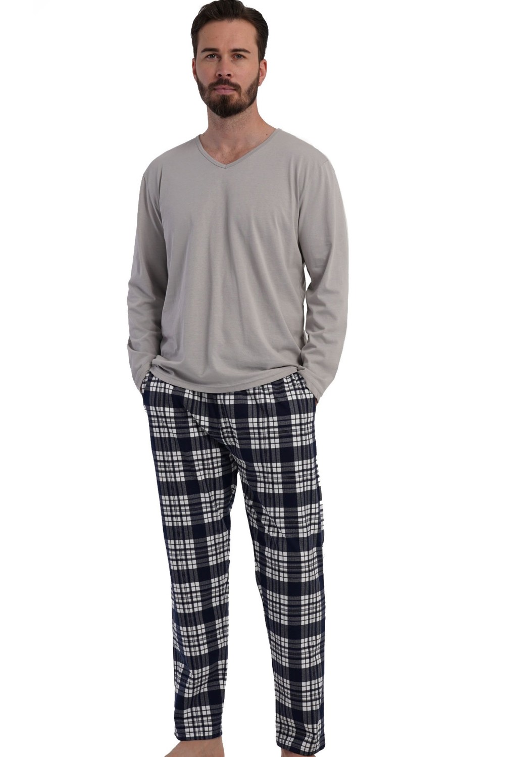 Pánské pyžamo šedé s véčkem a károvanými kalhotami