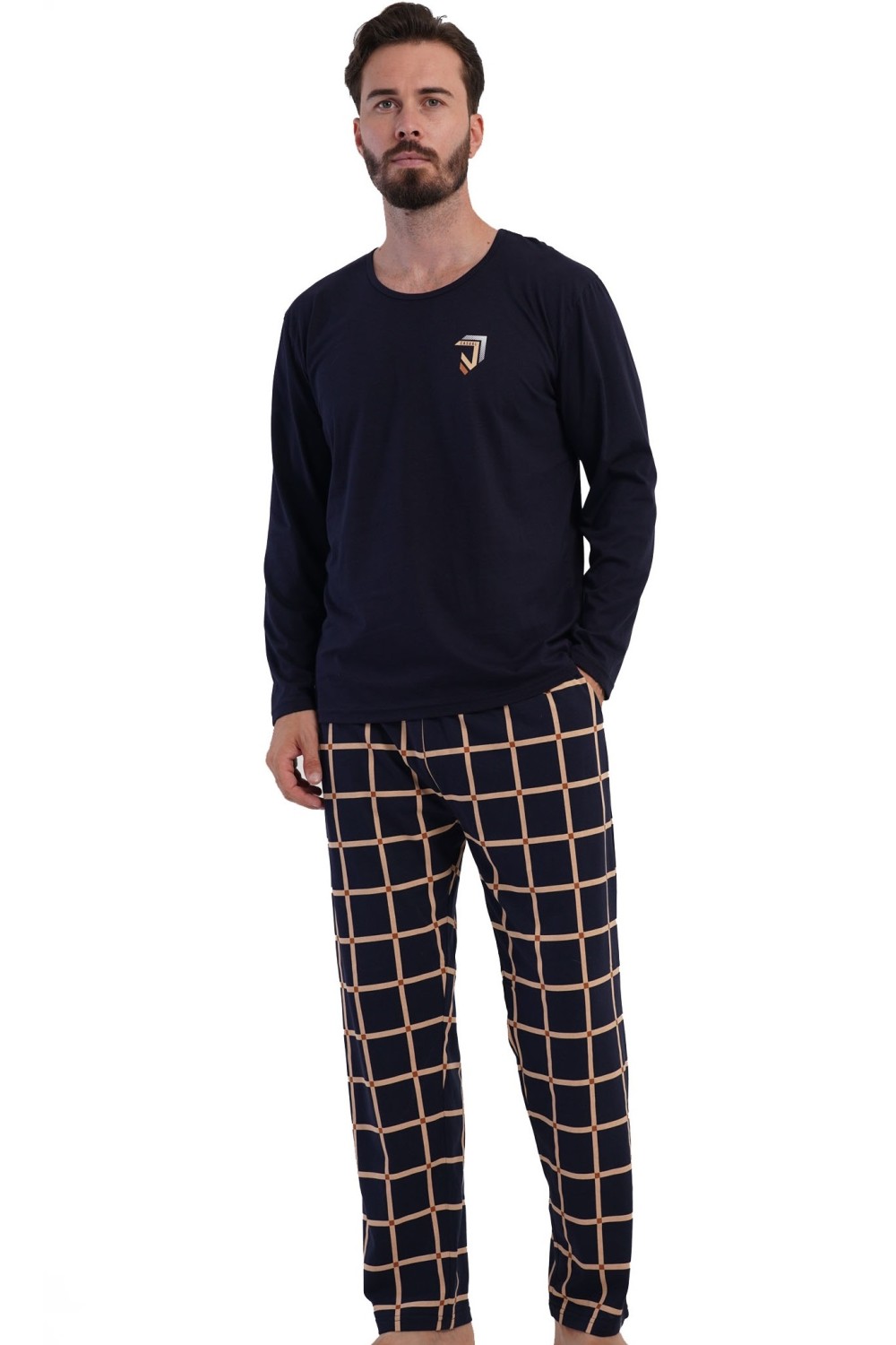 Pánské pyžamo kulatý výstřih, modré s béžovým vzorem