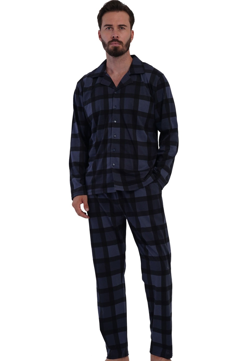 Pánské pyžamo modré s černým a tmavě šedým kárem i ve velikosti 1XL–4XL