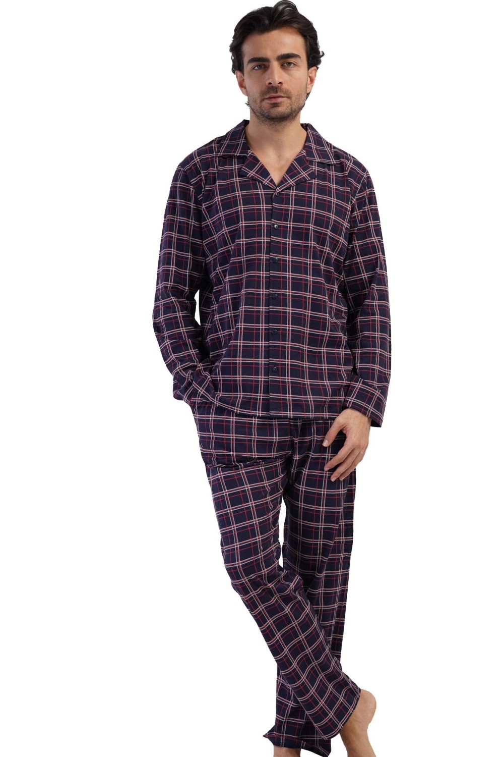 Pánské pyžamo tmavě modré s červeným a šedým kárem dlouhý rukáv