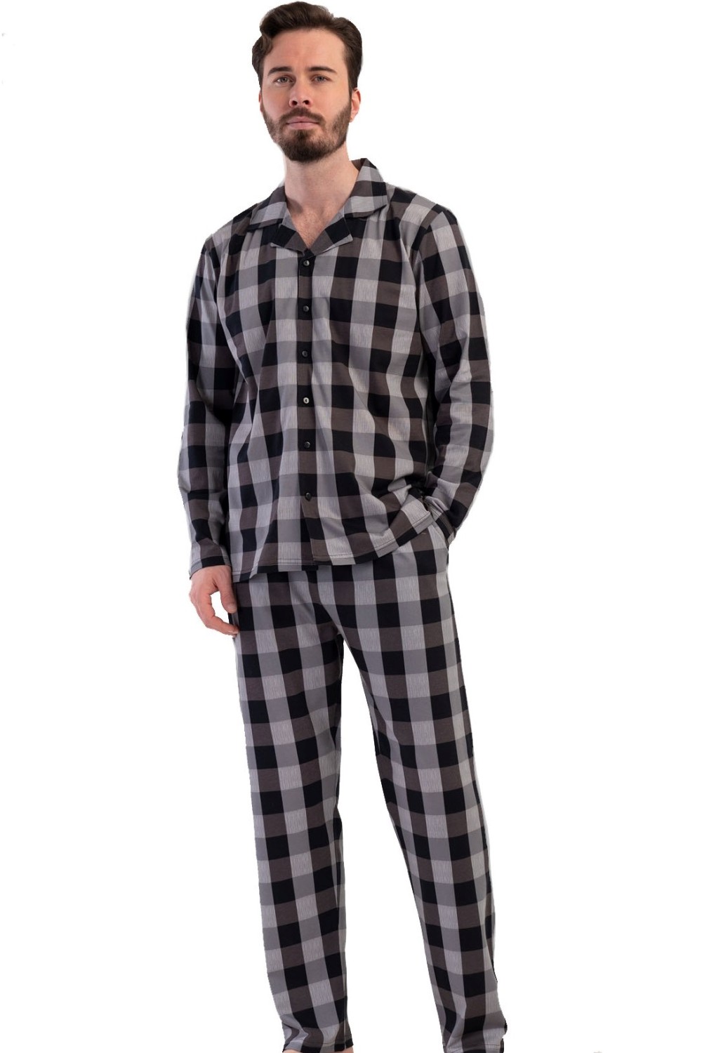 Pánské kostkované pyžamo šedé a černé dlouhý rukáv bavlněné