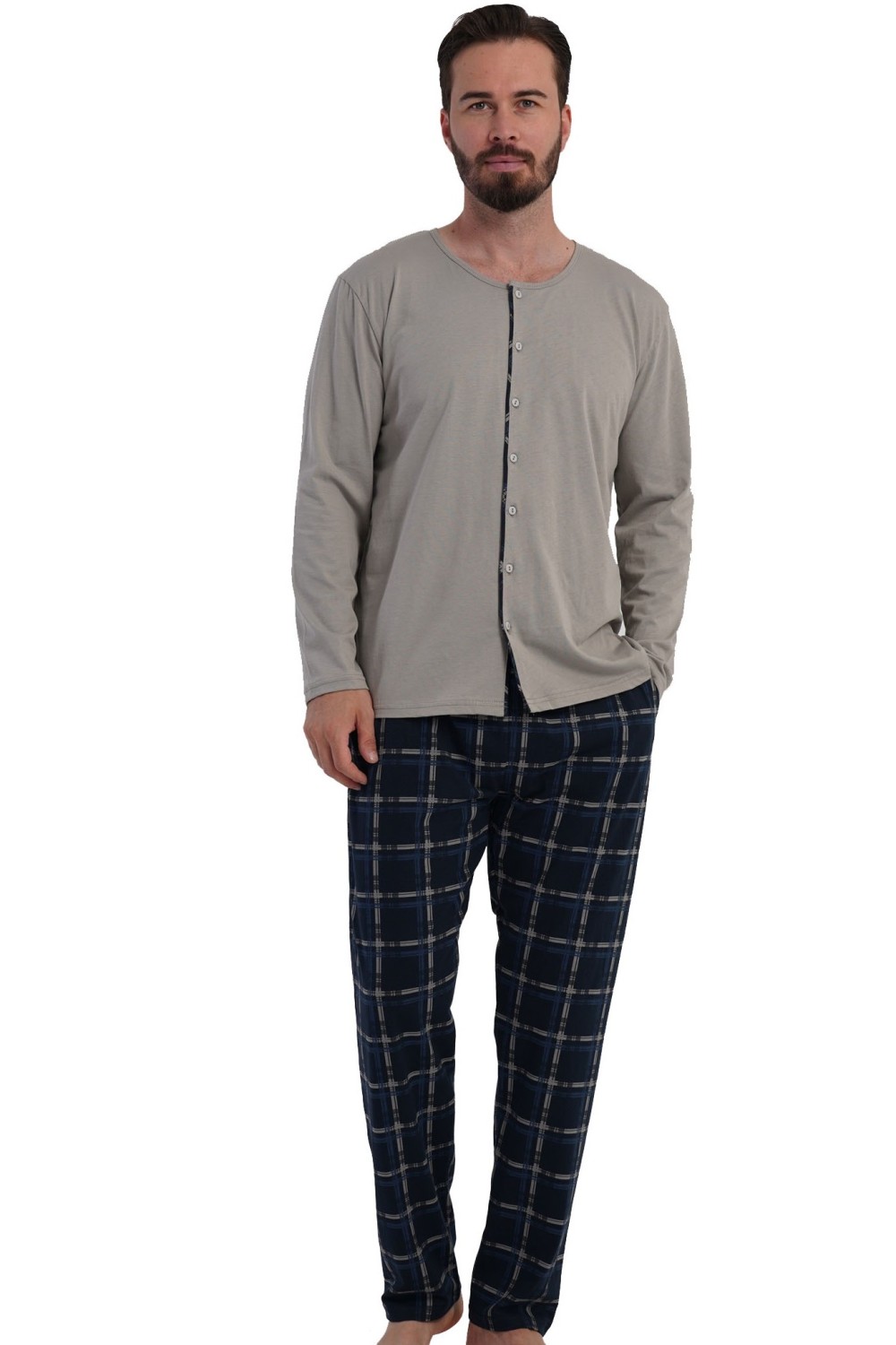 Pánské bavlněné pyžamo šedé s tmavě modrými károvanými kalhotami dlouhý rukáv