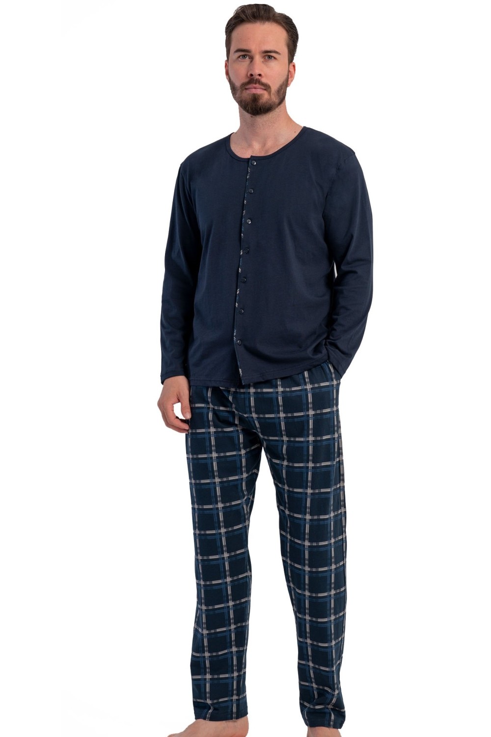 Pánské bavlněné pyžamo tmavě modré s károvaným vzorem dlouhý rukáv a nohavice