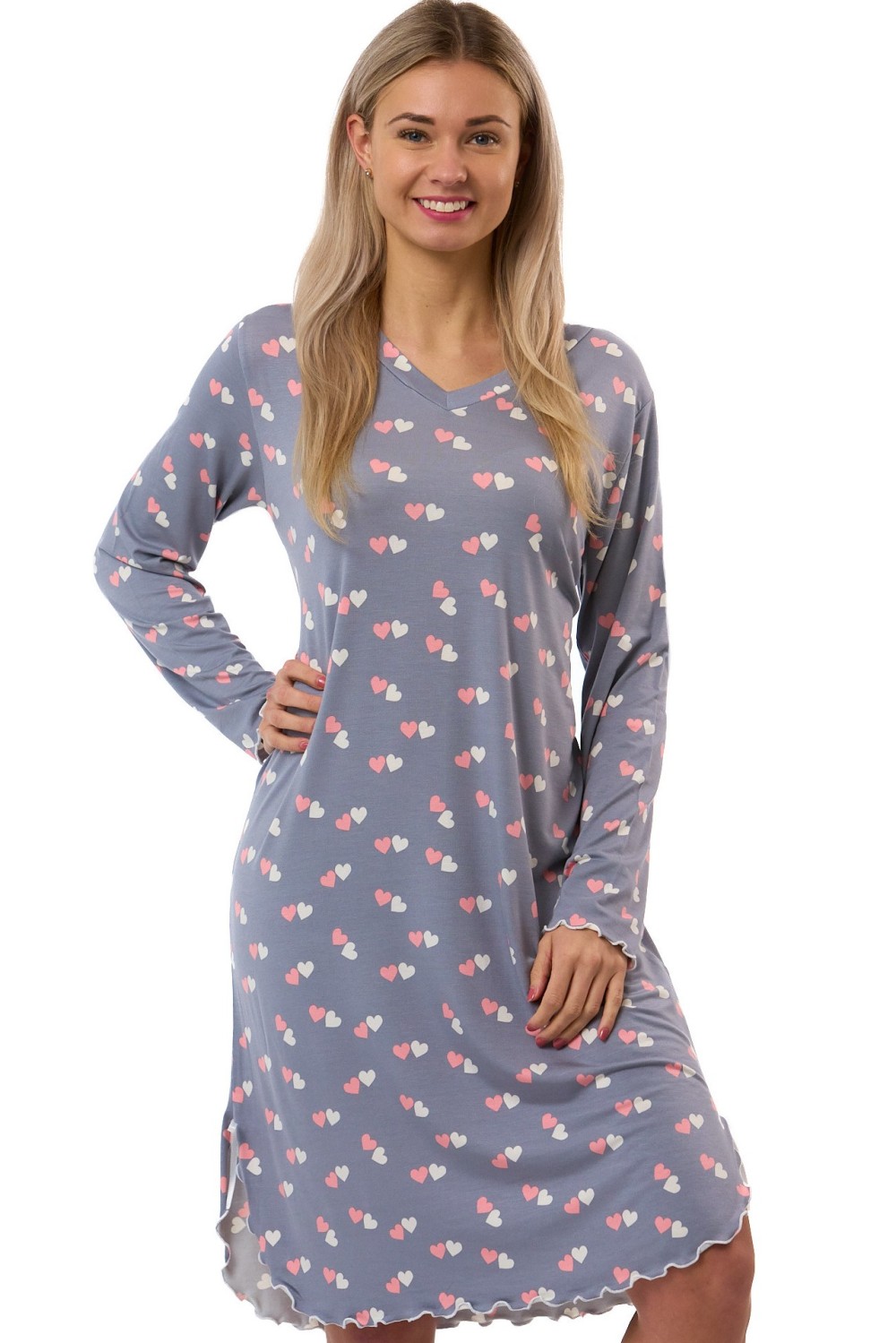 Dámská noční košilka šedá s meruňkovými srdíčky pro plnoštíhlé ženy - jemná