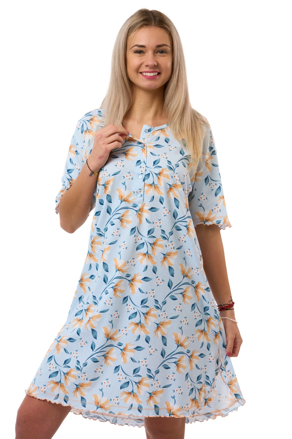 Noční košilka pro plnoštíhlé nebesky modrá s květinovým vzorem