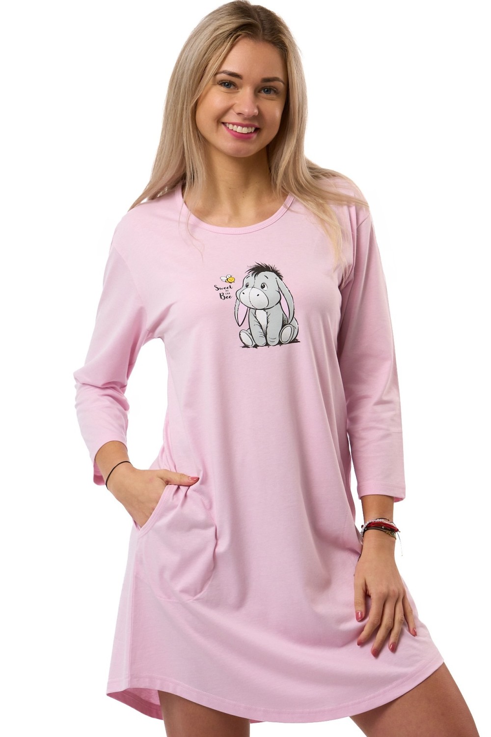 Dámská bavlněná noční košilka růžová s motivem oslíčka