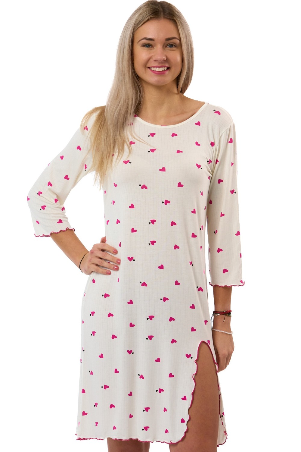 Dámská noční košilka bílá s růžovými a černými srdíčky