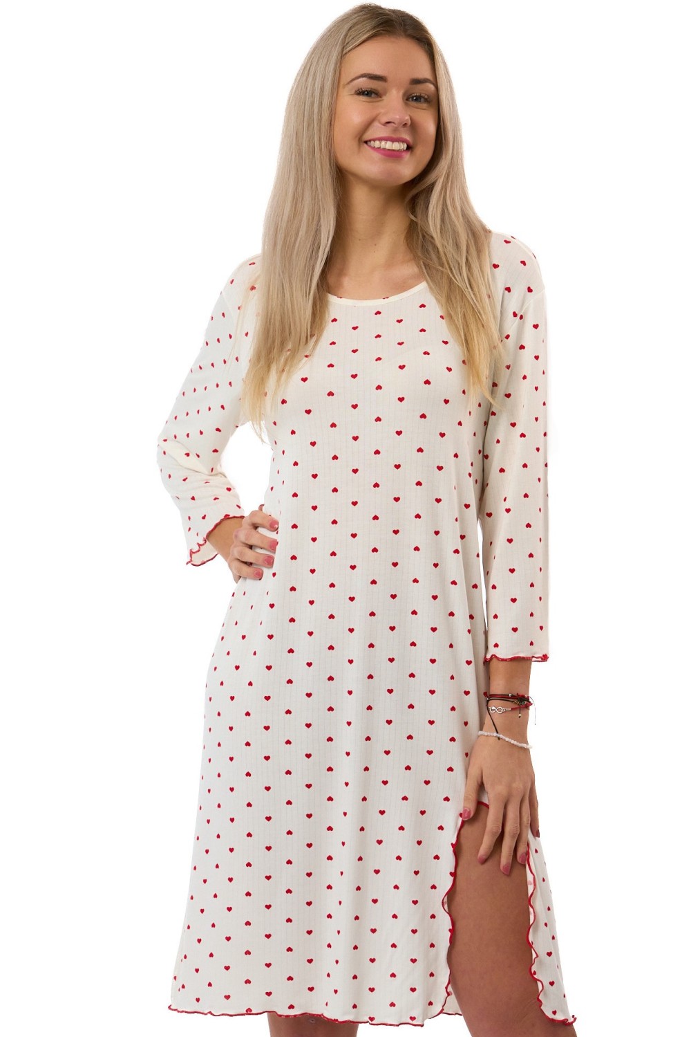 Dámská noční košilka bílá s červenými srdíčky pro plnoštíhlé 