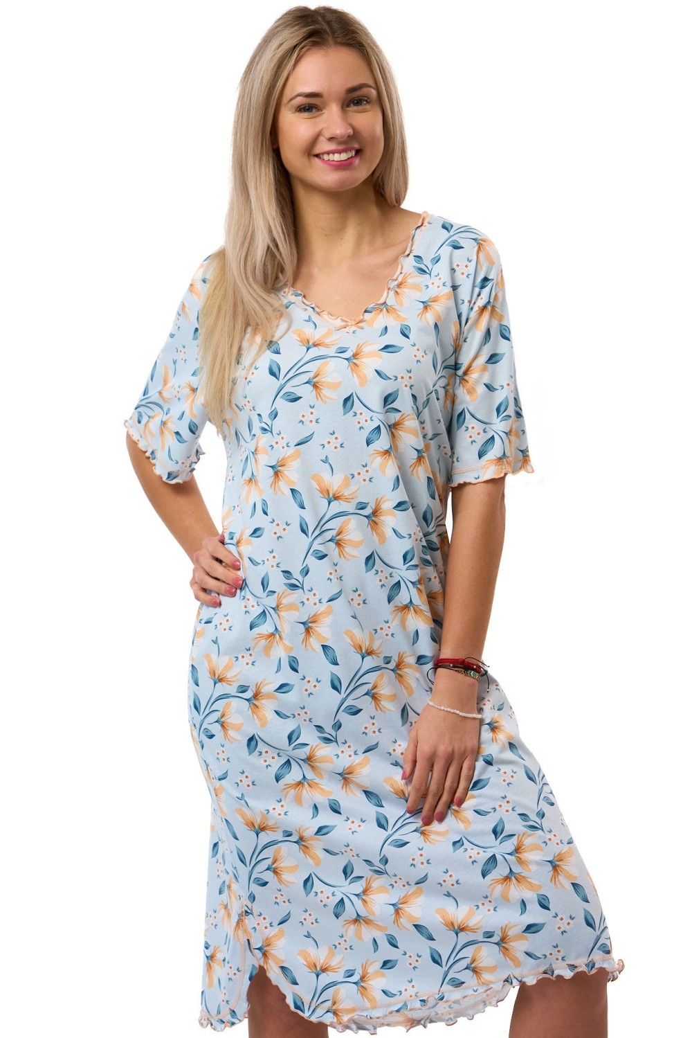 Dámská noční košile - Pro plnoštíhlé 1XL-4XL, modrá, exotické květy