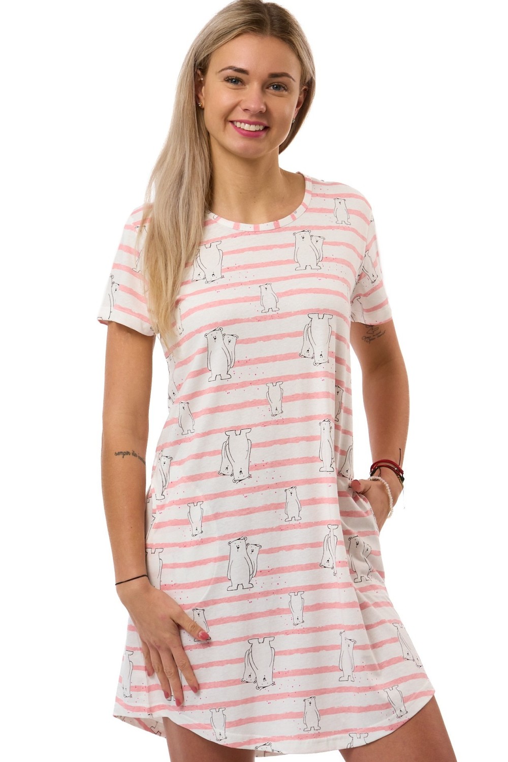 Dámská noční košile růžovo-bílá s legračními medvídky, bavlna