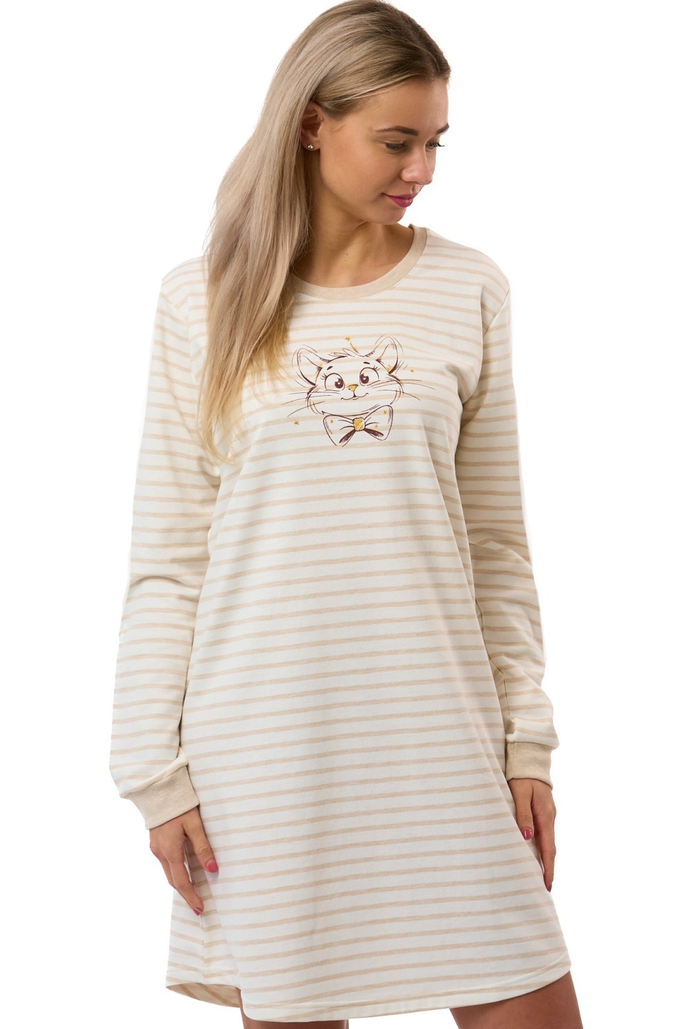 Noční košilka, teplá, béžová s kočičí hlavou nad kolena pro ženy, teplá bavlna