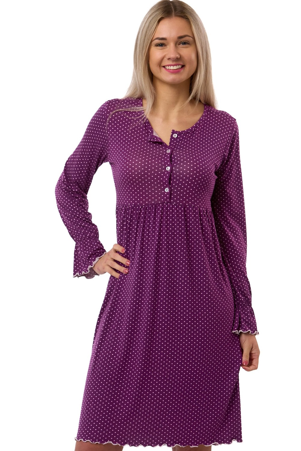 Tmavě fialová košilka s bílými puntíky nad kolena pro ženy - jemná