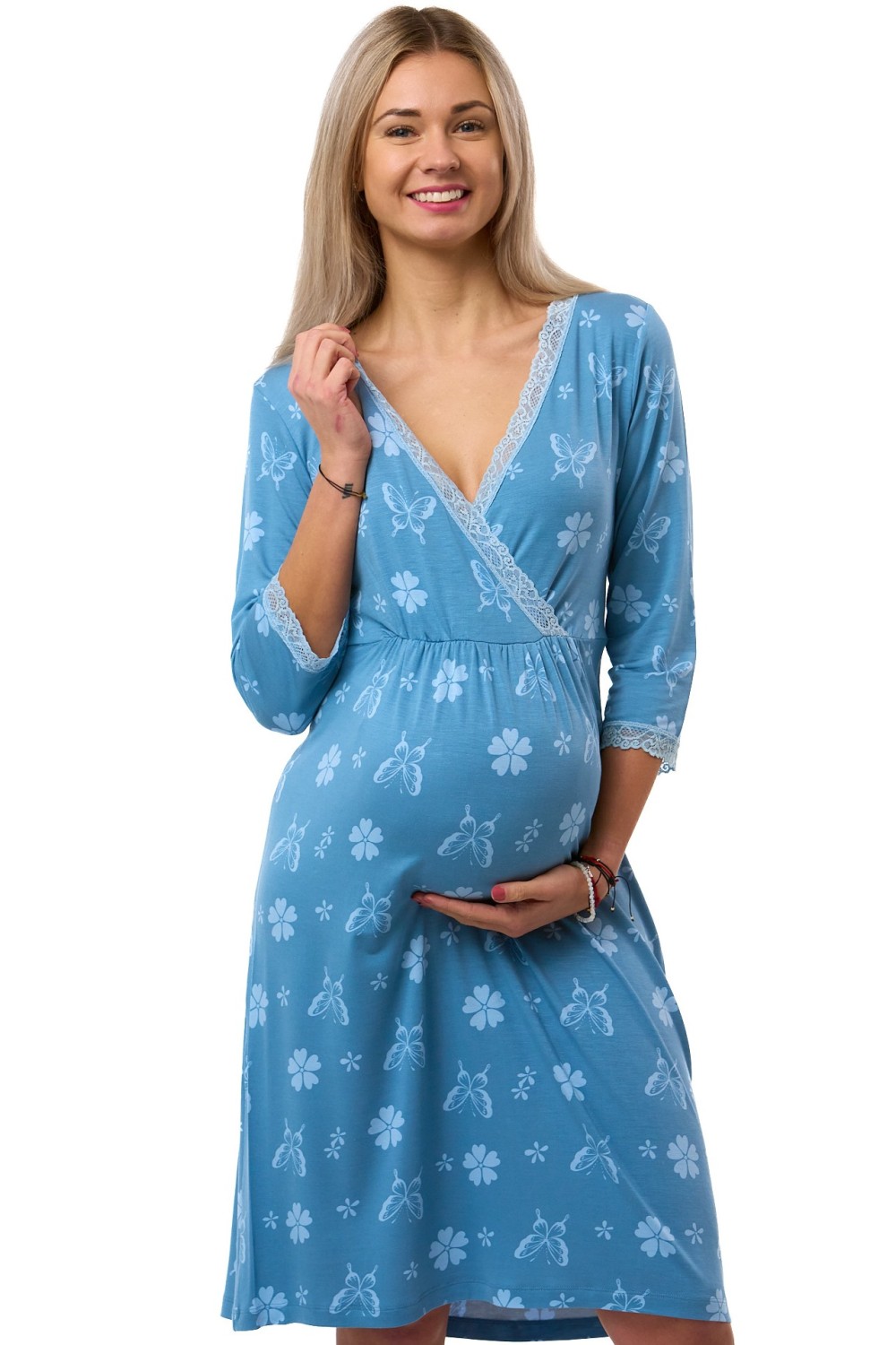 Modrá kojící košilka s motivem motýlků a květin - jemná