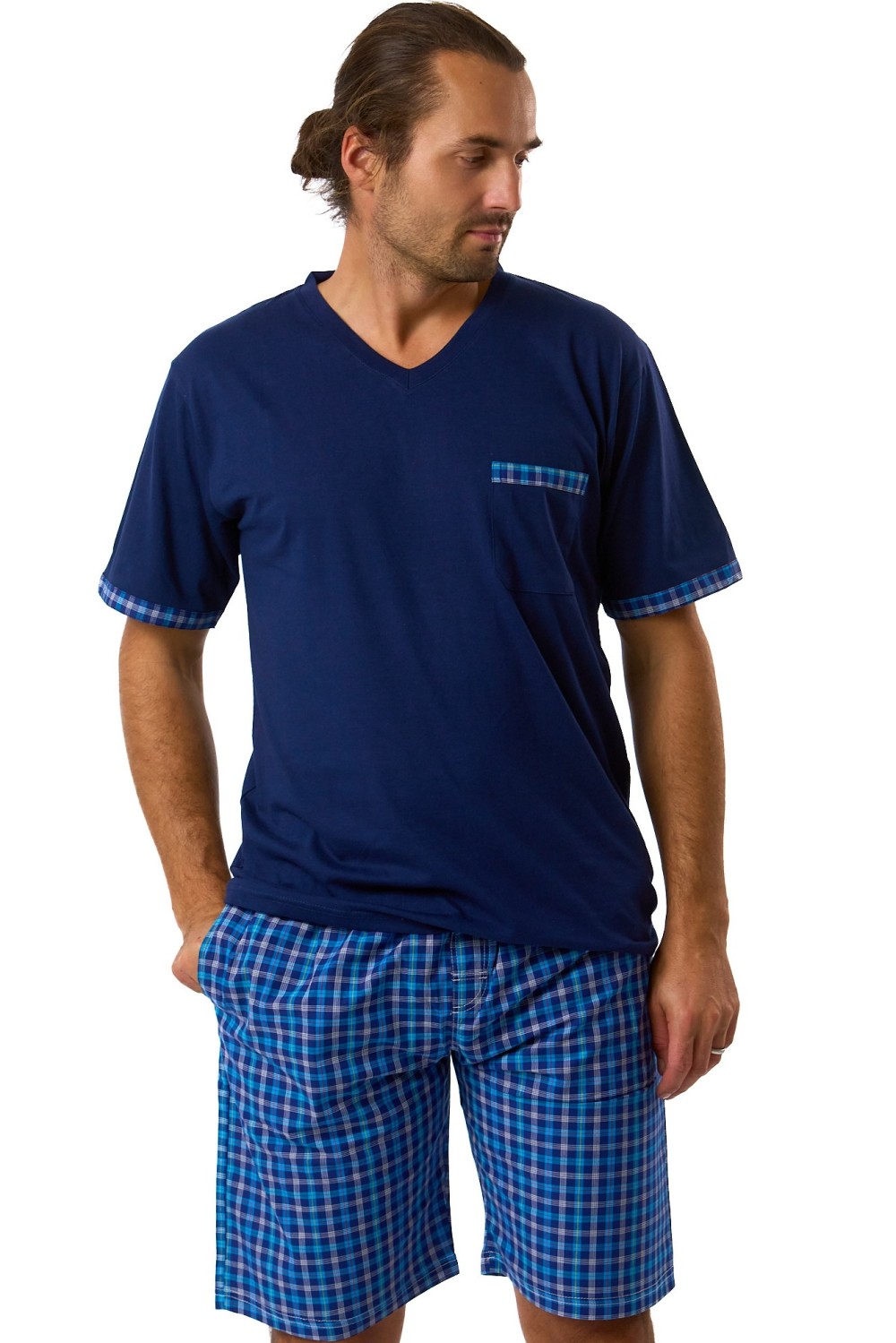 Pánské bavlněné modré pyžamo, kraťasy modré tyrkysovošedé kárování