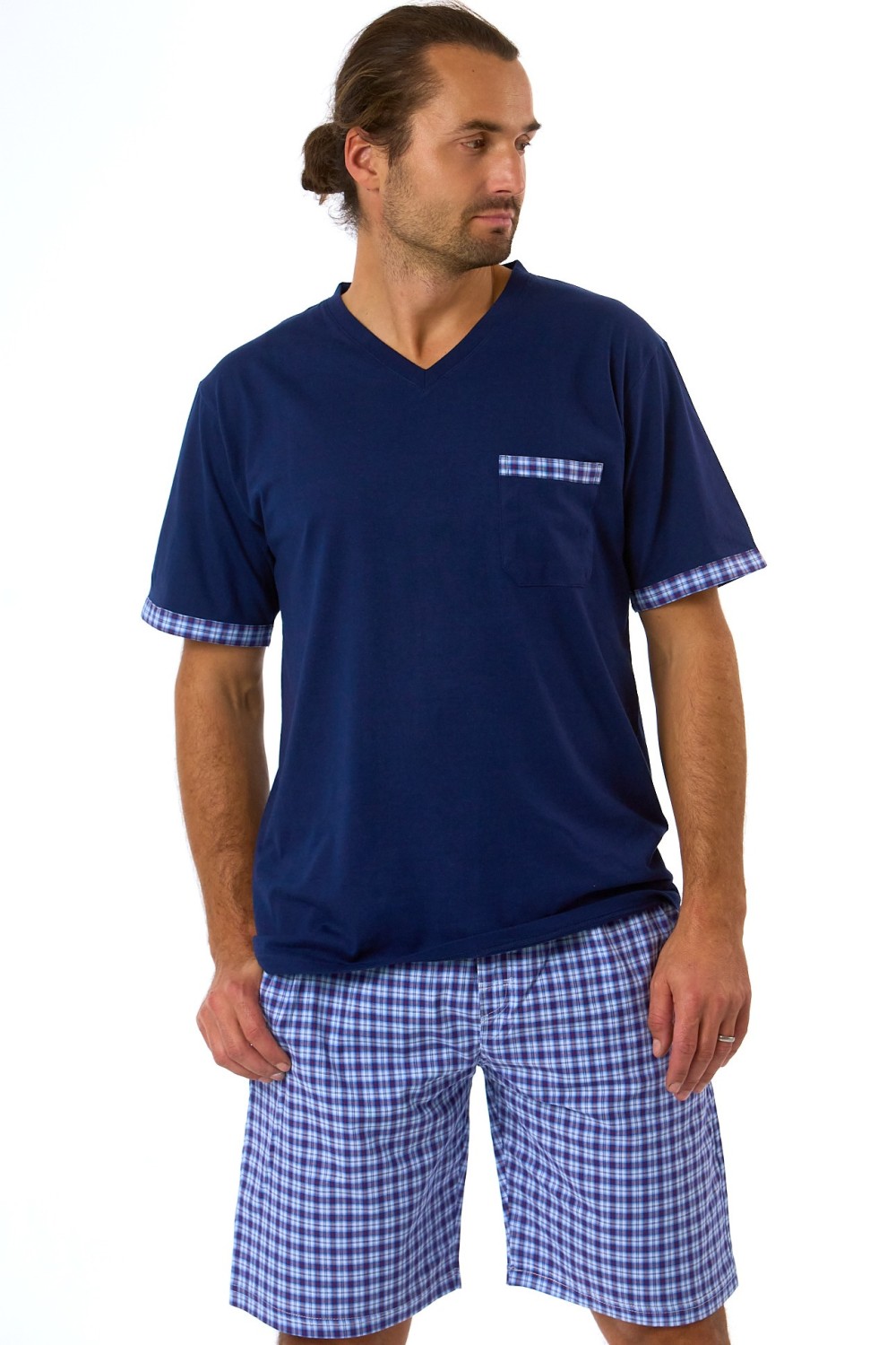 Pánské bavlněné modré pyžamo, kraťasy světlá modrá šedorůžové kárování