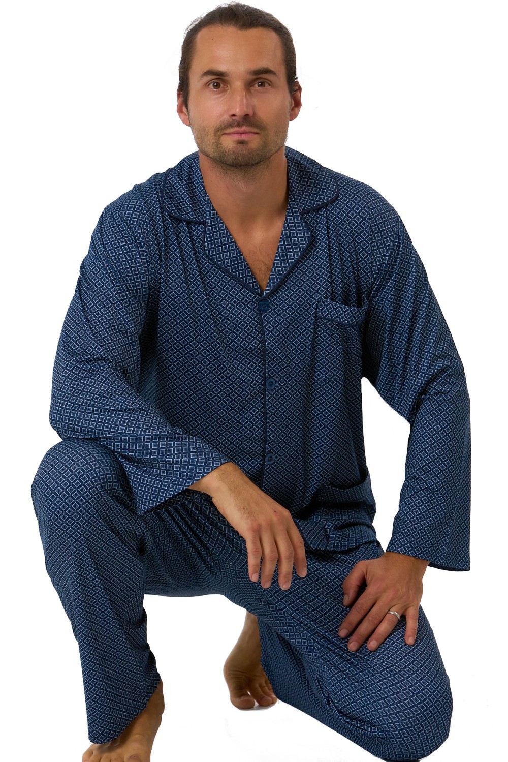 Pánské luxusní pyžamo modré a šedé šrafované piky - druhá kůže
