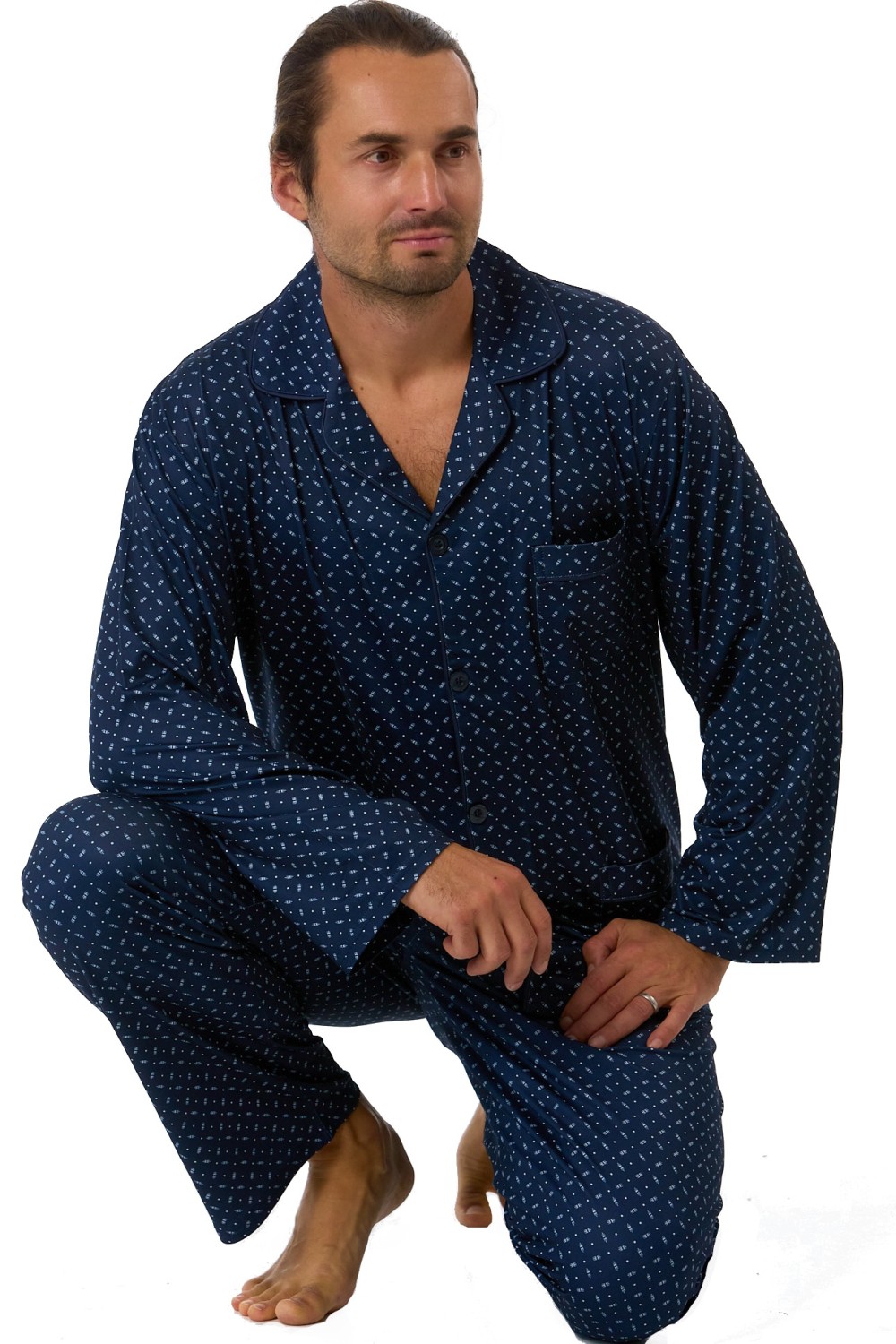 Pánské luxusní pyžamo, pružné, příjemně jemné, tmavě modré a šedý vzor