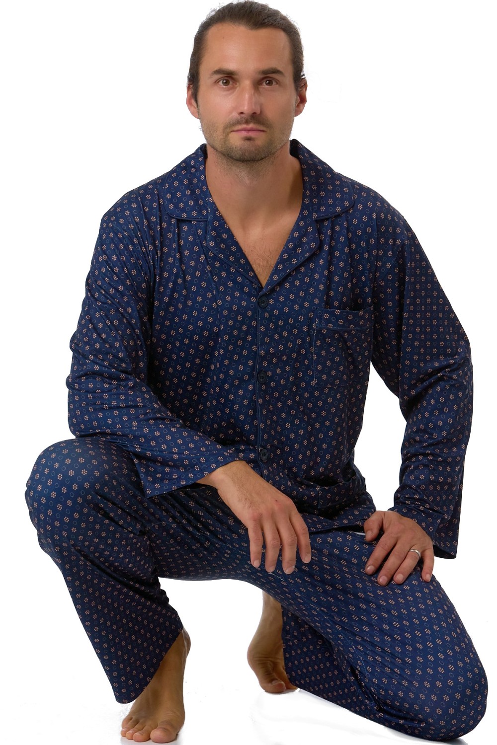Pánské pyžamo, luxusní, pružné, modré se vzorem