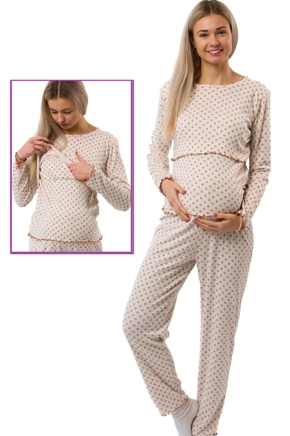Dámské pyžamo, diskrétní, kojící, béžové s hnědým vzorem pětilistů