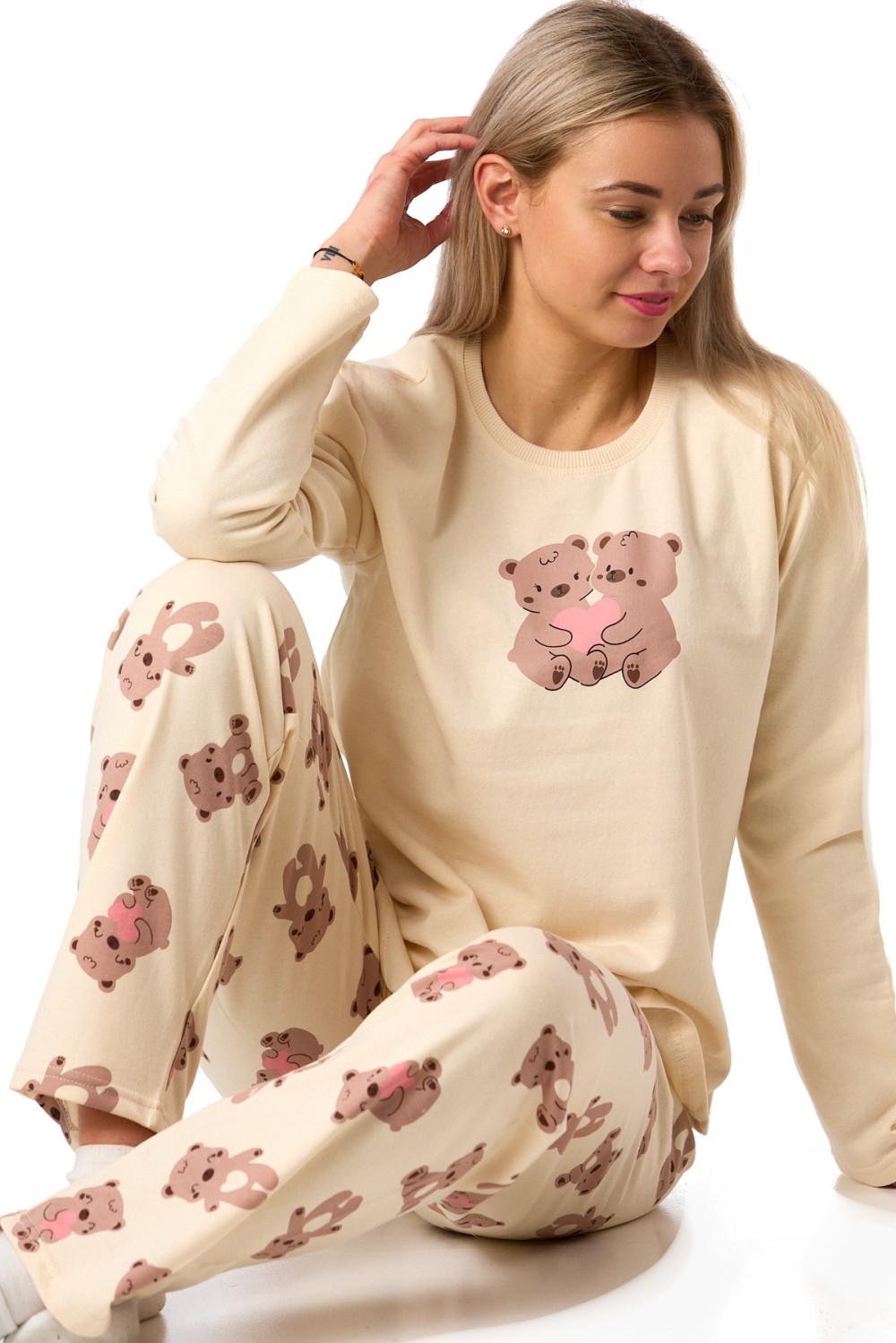 Pyžamo dámské z teplé bavlny béžové s medvídky a srdíčky