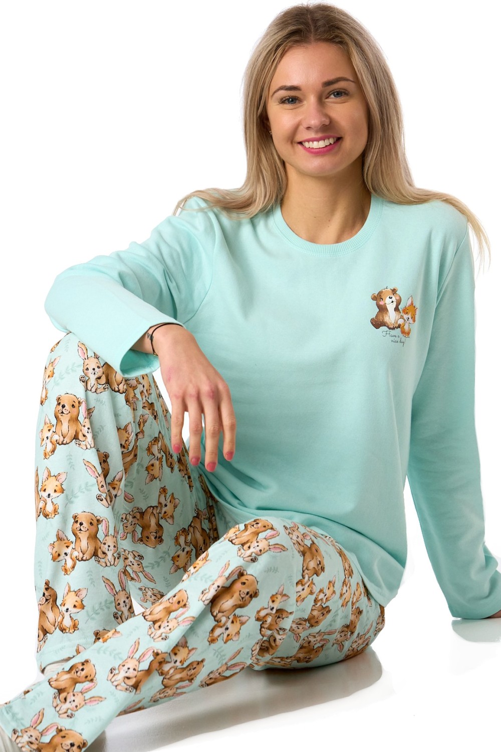 Pyžamo pro ženy z teplé bavlny azurové s medvídkem a liškou