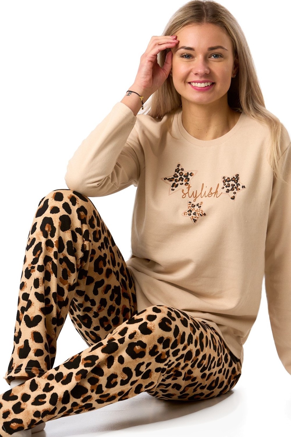 Pyžamo dámské z teplé bavlny Stylish s jaguářím vzorem