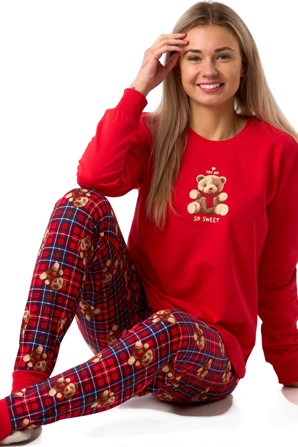 Pyžamo dámské z teplé bavlny s medvídkem a káro vzorem