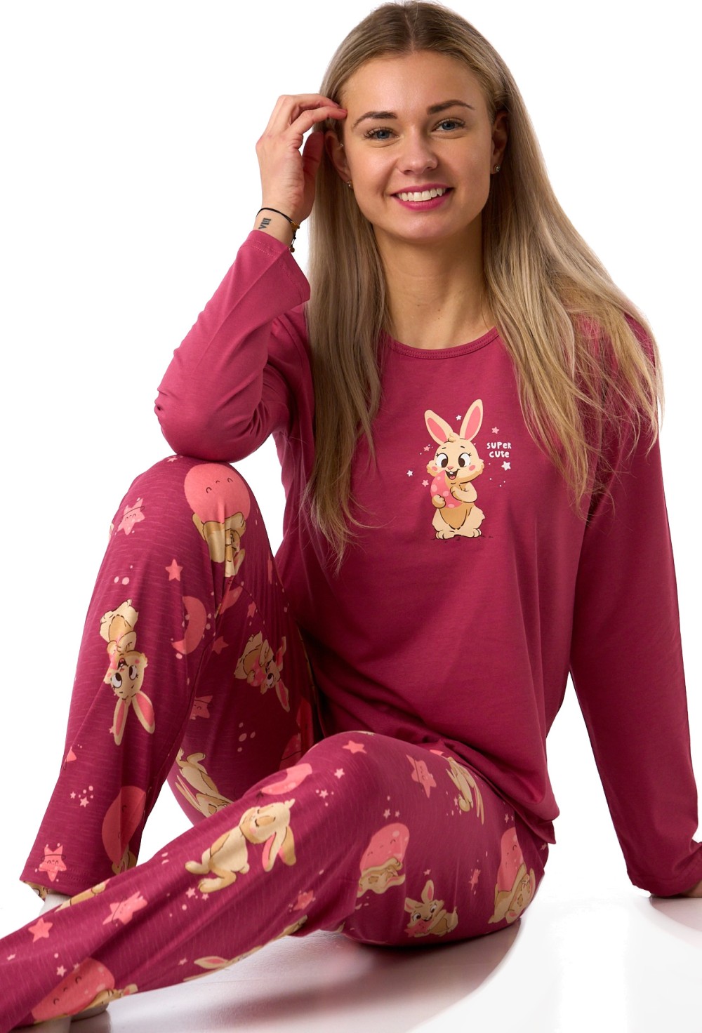 Malinové snové bavlněné pyžamo s králíčkem a hvězdičkami