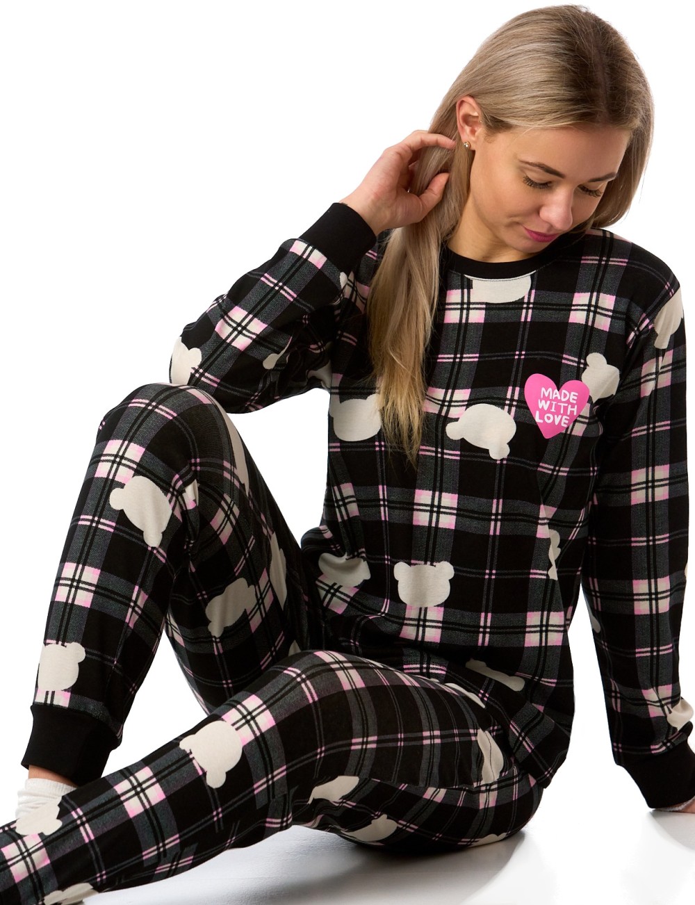 Kárované bavlněné pyžamo s medvídky a srdíčkem
