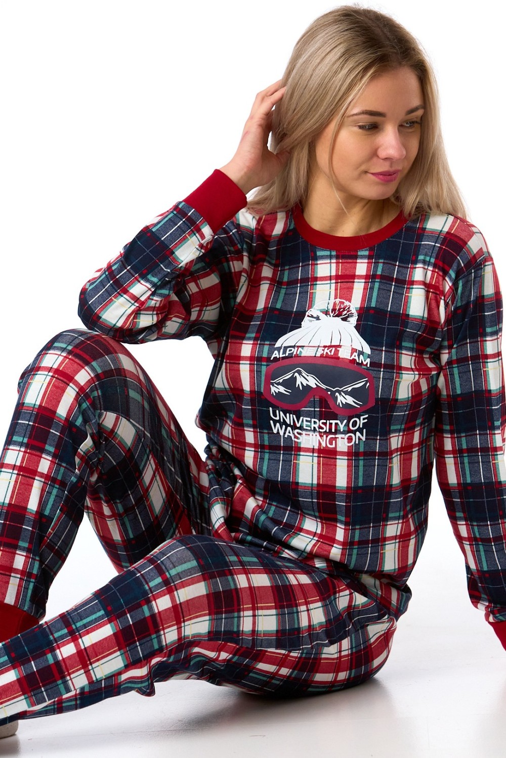 Kárované vínové bavlněné pyžamo Alpineski Team se zimním motivem