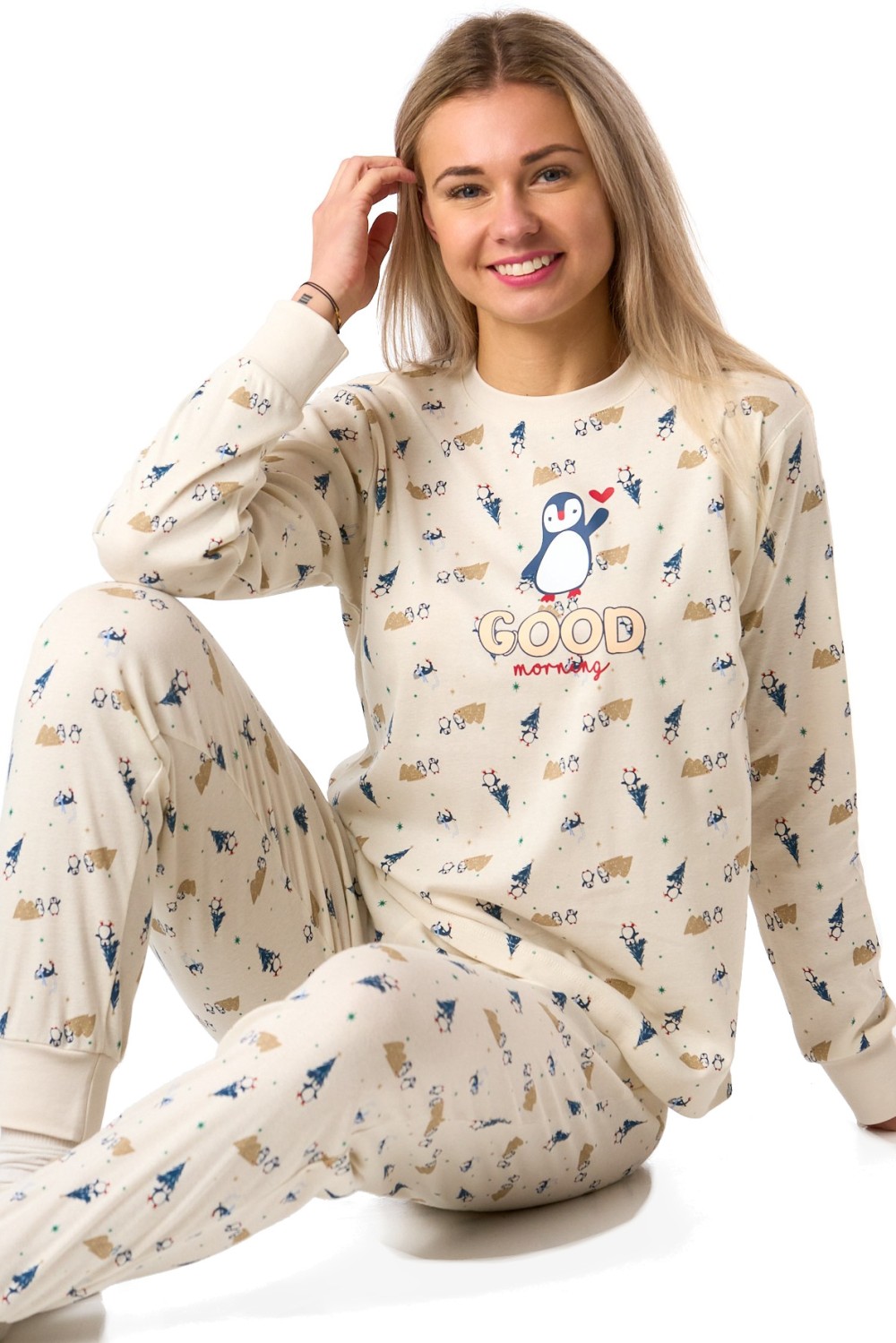 Béžové bavlněné pyžamo s tučňáky GOOD MORNING - zimní radovánky