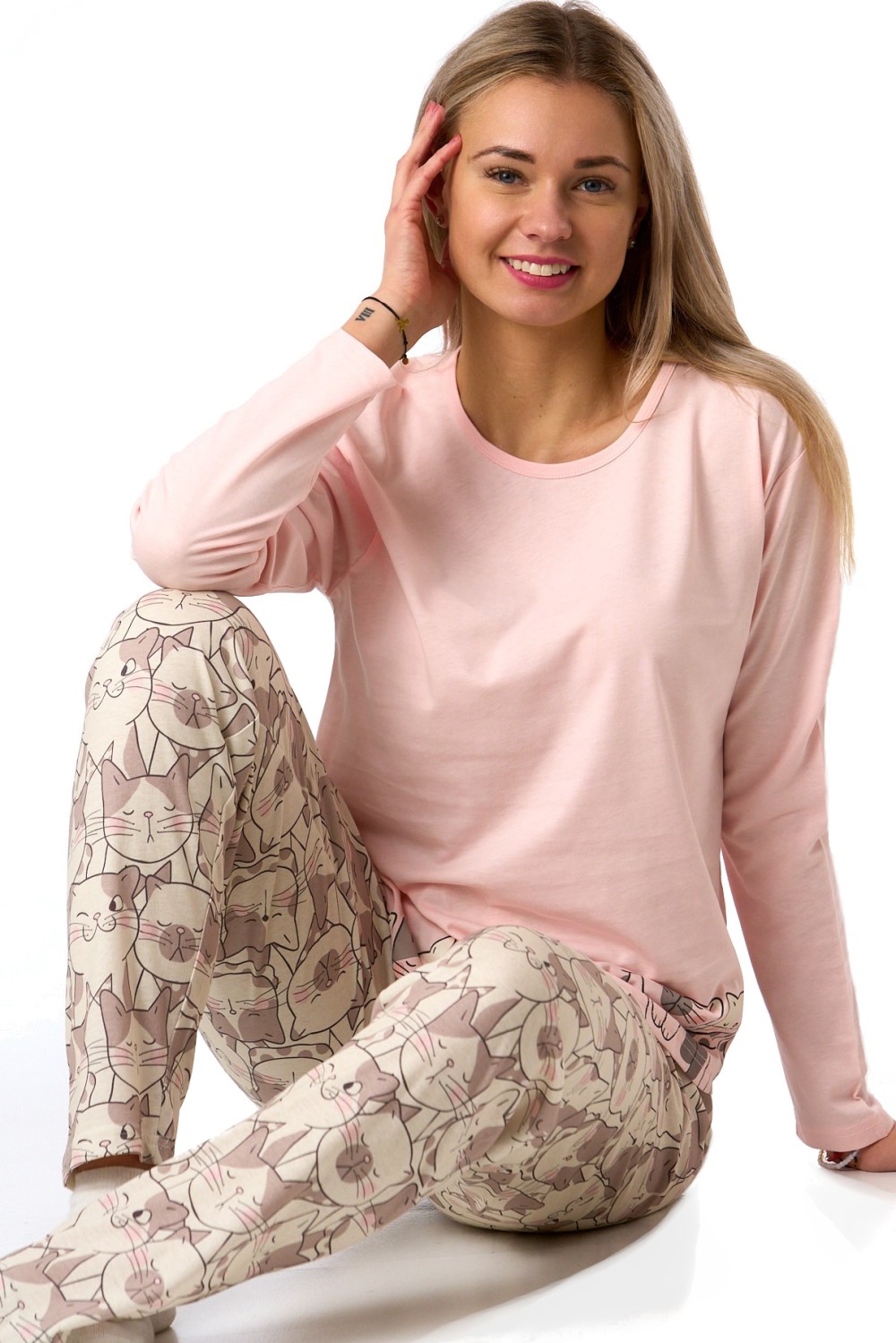 Růžové pyžamo s kočkami z čisté bavlny