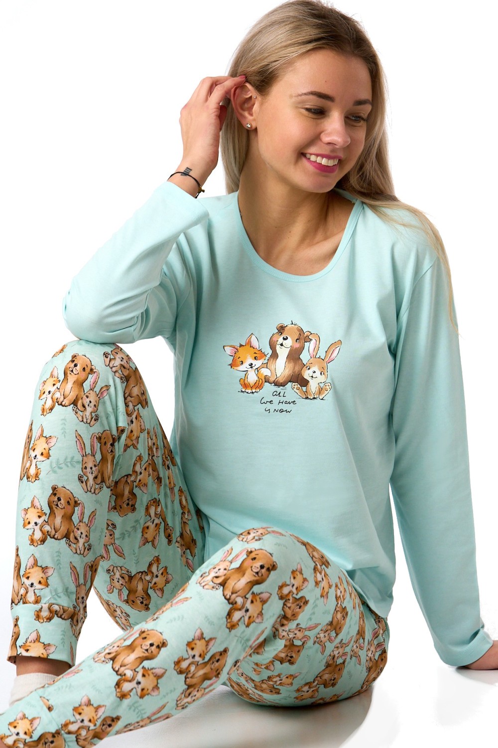 Azurové pyžamo s lesními zvířátky pro ženy z bavny