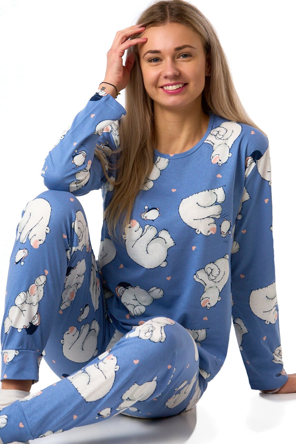 Modré dámské pyžamo z bavlny s celoplošným vzorem medvědů