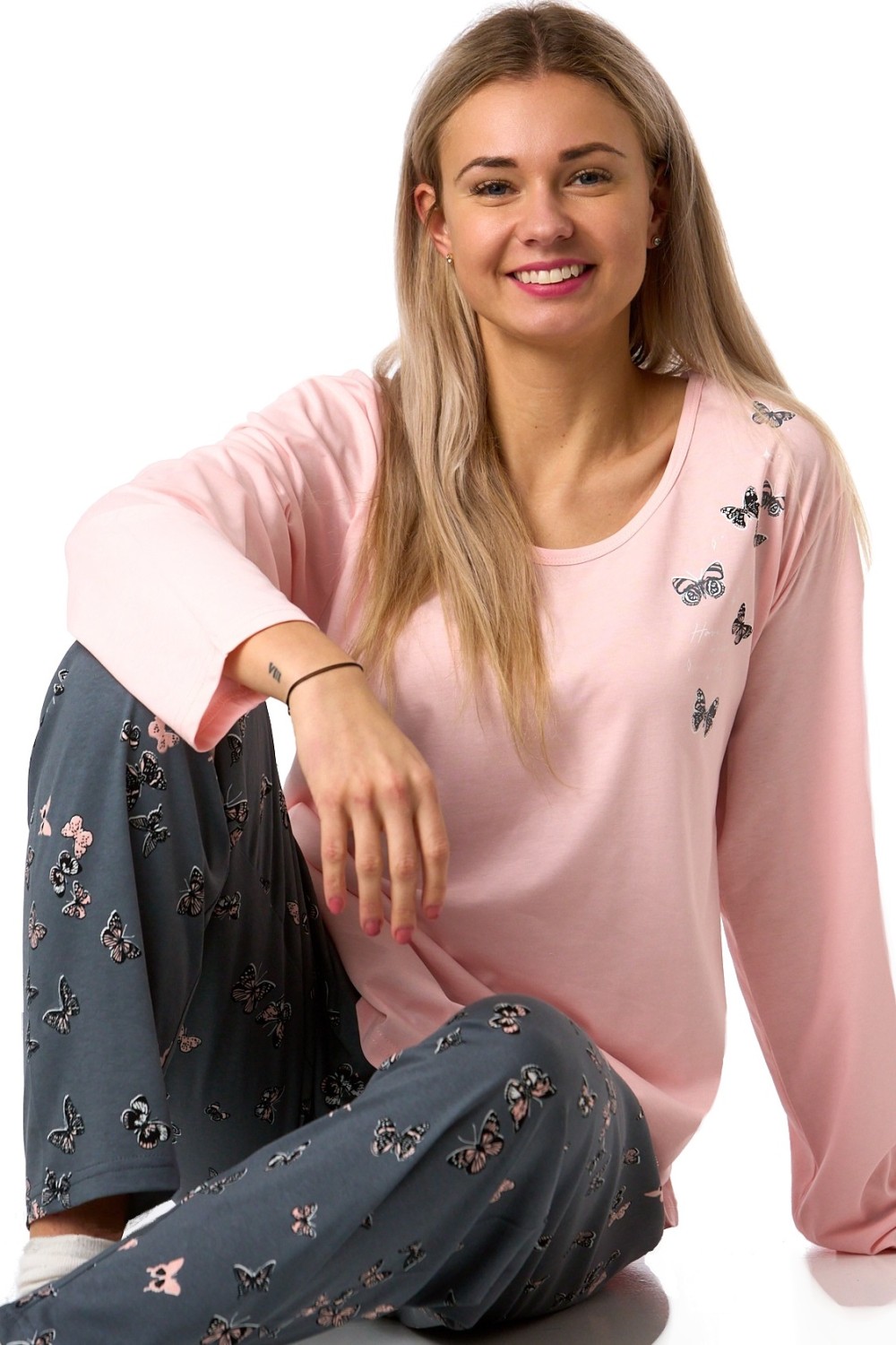 Pyžamo pro plnoštíhlé ženy 1XL-4XL růžové s motýlky