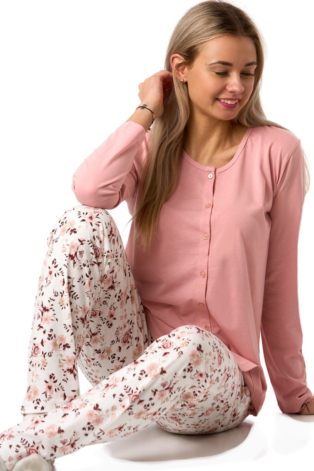 Dámské růžové bavlněné pyžamo s kalhotami se vzorem růží - celopropínací