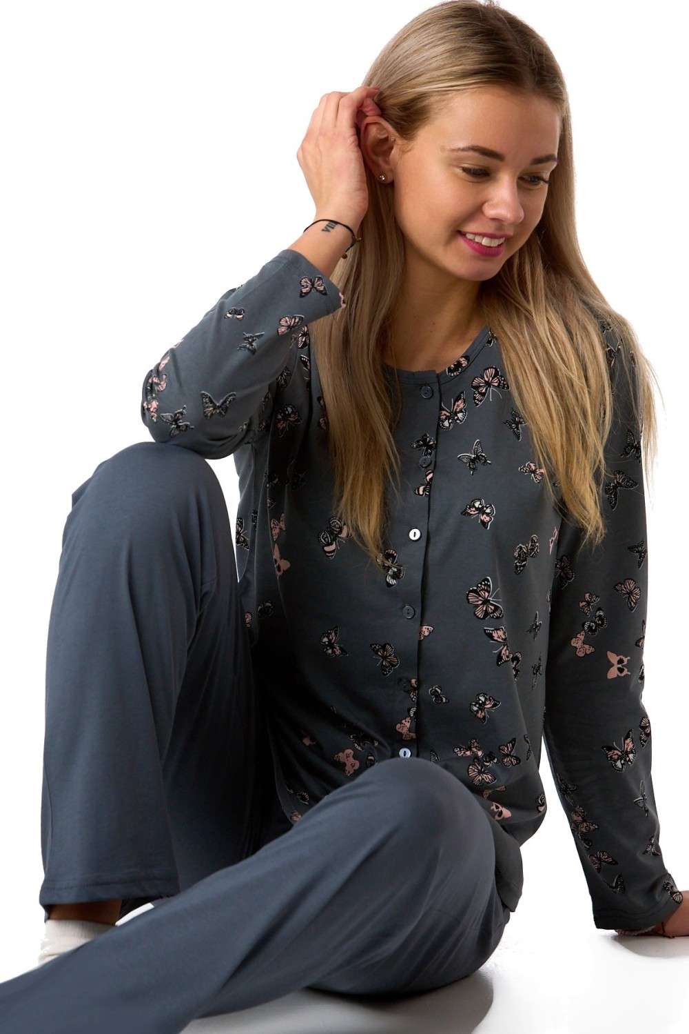 Dámské bavlněné pyžamo tmavě šedé s motýlky celopropínací
