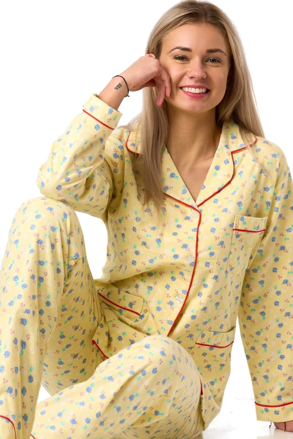 Dámské flanelové pyžamo, žluté květinové, hřejivé, bavlna