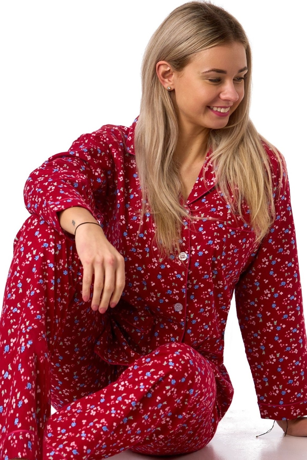 Dámské flanelové pyžamo, vínové květinové, teplé, bavlna
