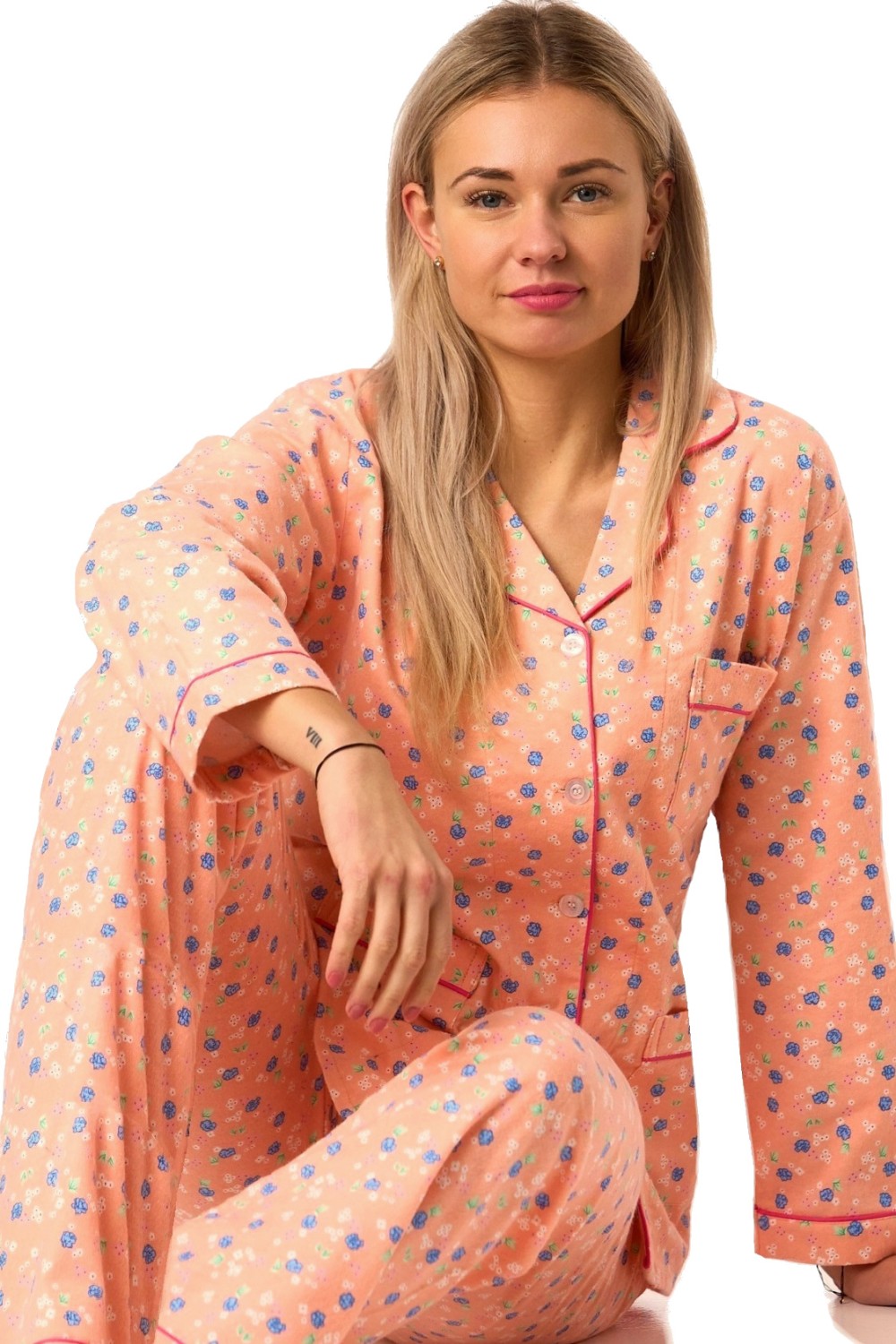 Dámské flanelové pyžamo, meruňkové květinové, hřejivé, bavlna