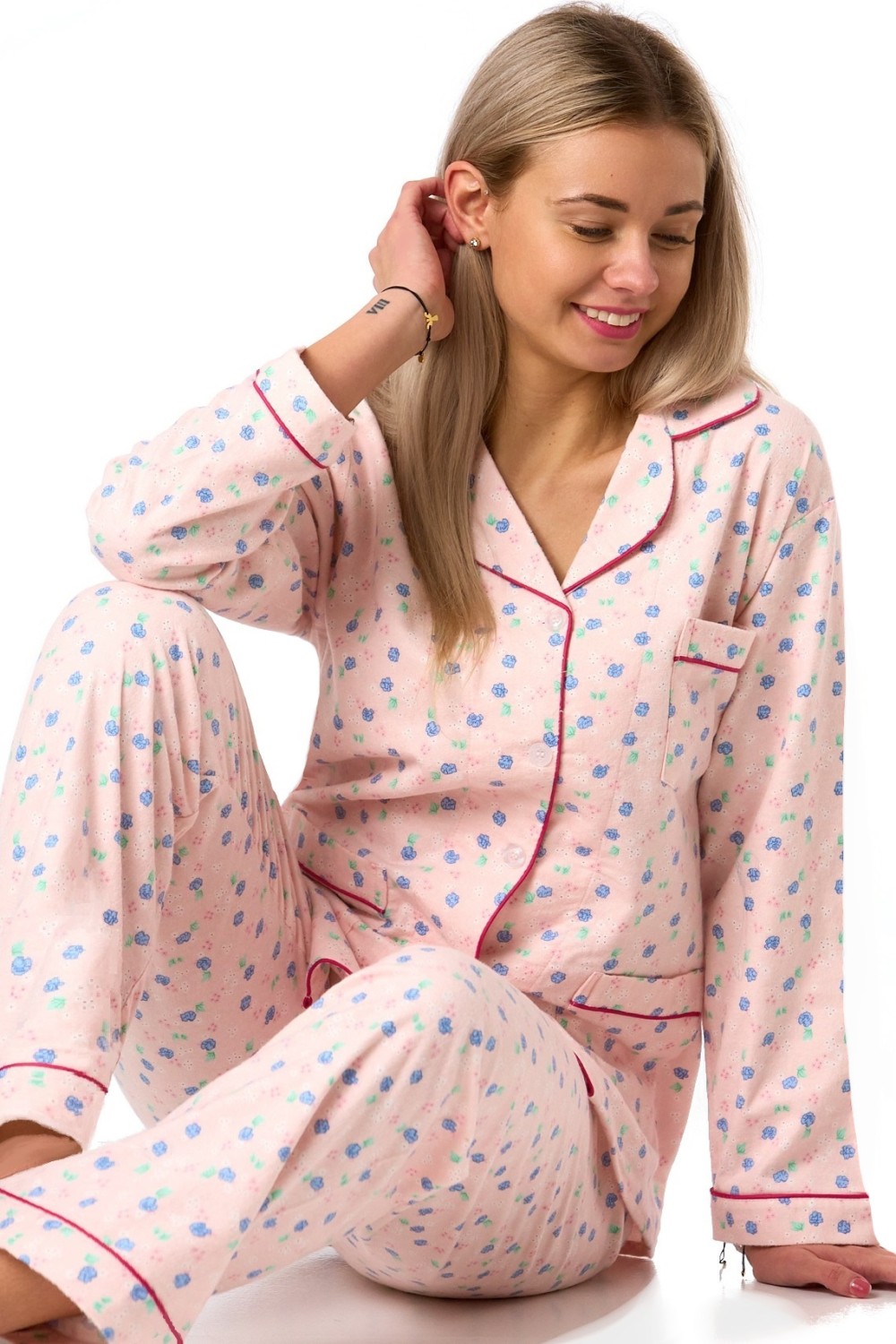 Dámské flanelové pyžamo. růžové květinové, teplé, bavlna