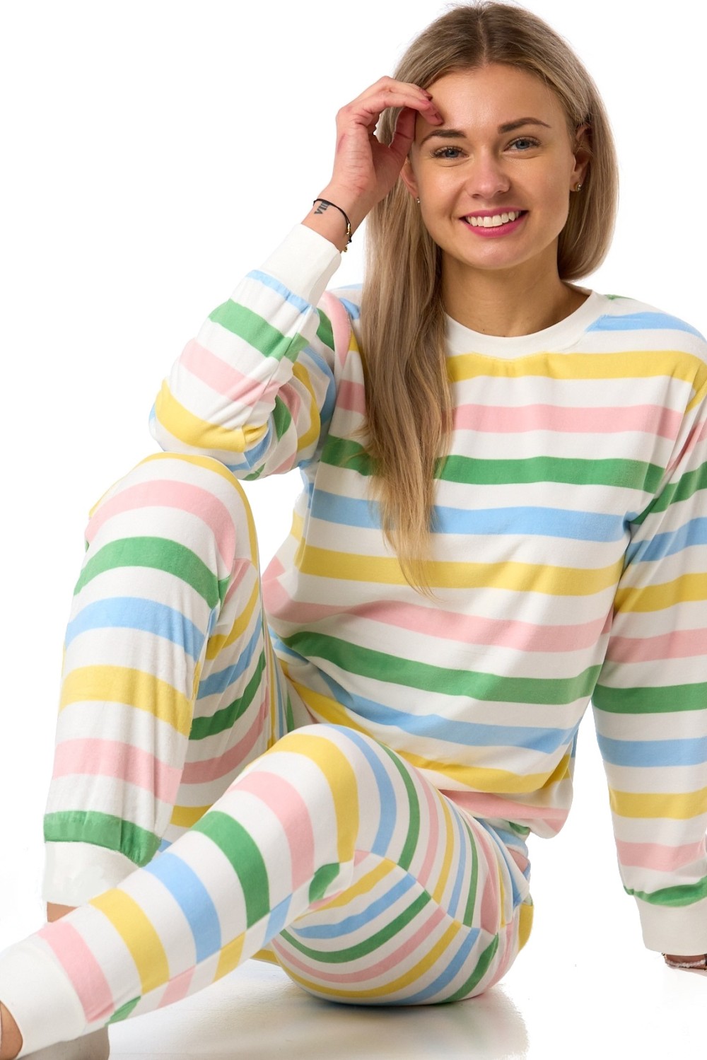 Dámské pyžamo bílé s duhovými pruhy měkké a hřejivé