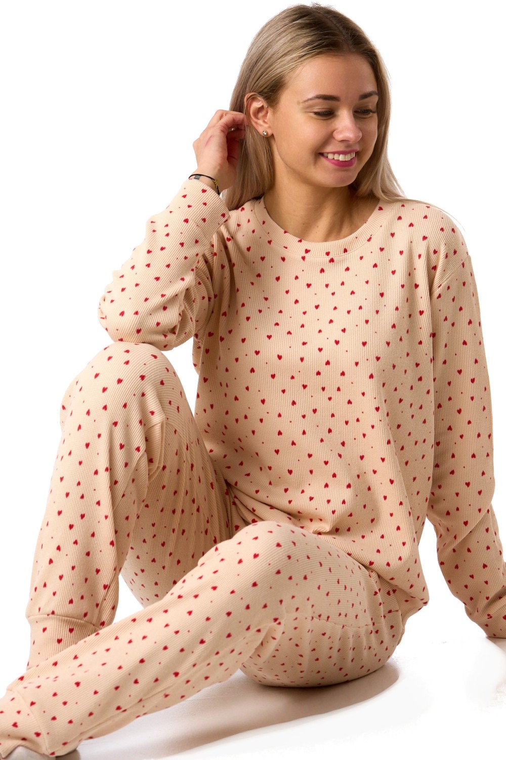 Dámské pyžamo starorůžové s červenými srdíčky měkké a romantické