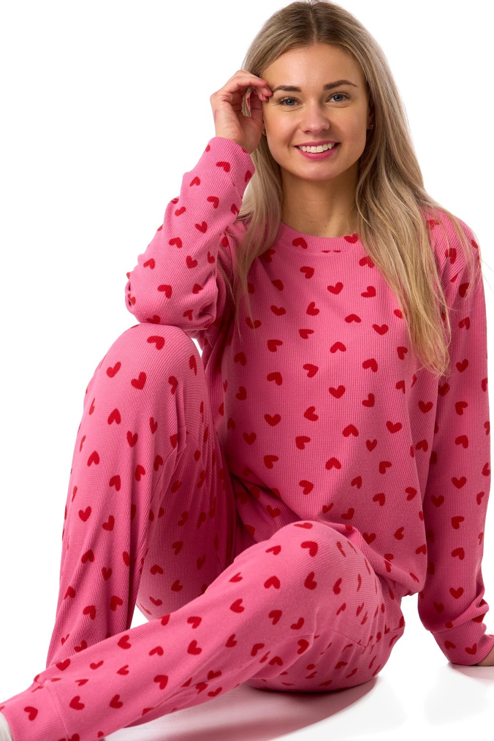 Dámské pyžamo, růžové s červenými srdíčky hřejivé a měkké