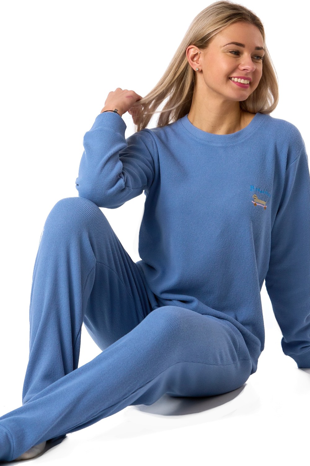 Dámské pyžamo modré pes na skateboardu příjemné a hřejivé