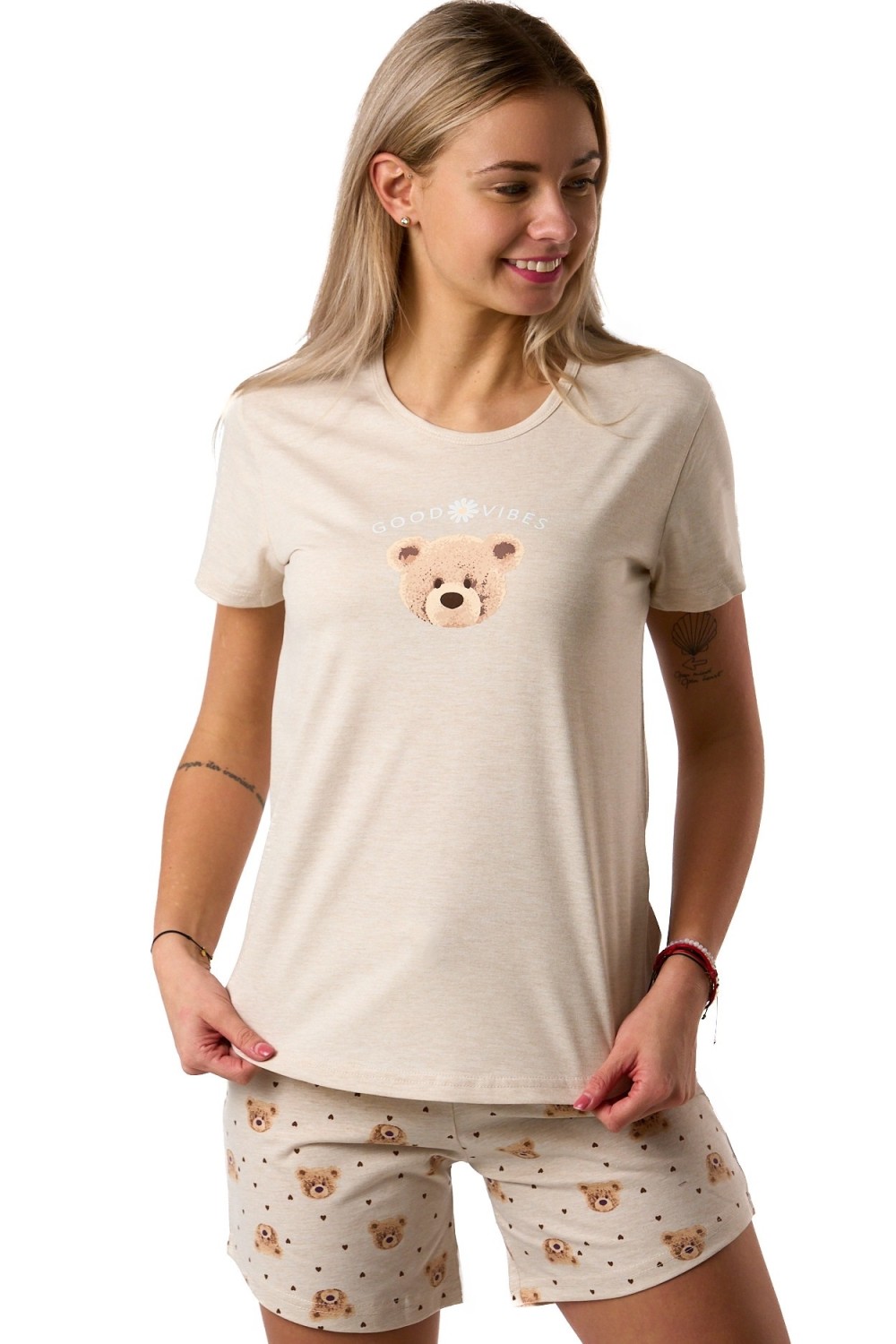 Dámské pyžamo, bavlna, s medvídkem béžové triko a kraťasy s potiskem